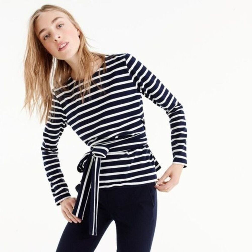 J.Crew Navy Striped Belted Crossback Top